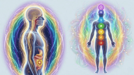 An illustration showing the human body's energy fields, featuring a side profile with a glowing nervous system and gut connection, next to a front view displaying the seven colorful chakra energy centers.