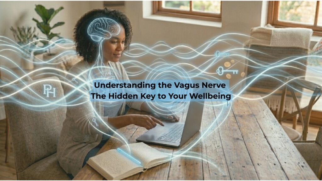 A woman working on a laptop at a wooden table with digital light waves illustrating a brain connection and key icons.