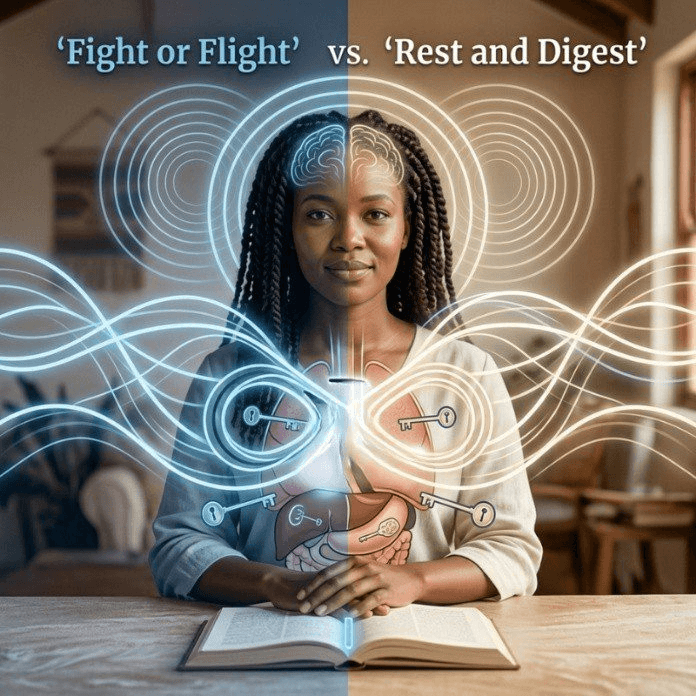 A conceptual illustration of a South African woman with braided hair sitting at a table with an open book, split down the center to contrast a blue-toned sympathetic 'Fight or Flight' nervous system state with a warm golden parasympathetic 'Rest and Digest' state.