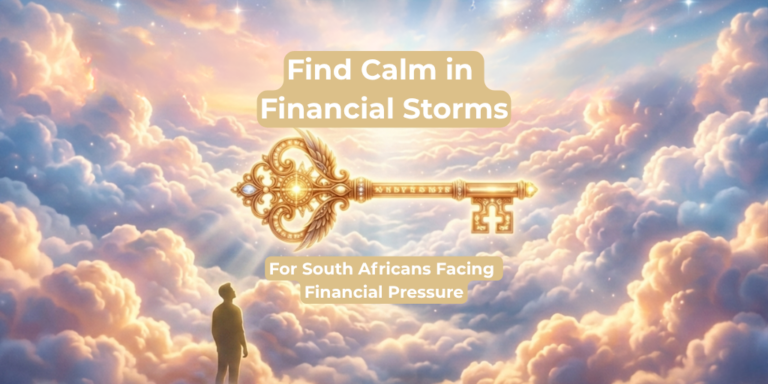 A silhouette of a person standing amidst a sea of clouds, looking up toward a massive, ornate golden skeleton key floating in a bright, sunlit sky, with text overlays reading "Find Calm in Financial Storms" and "For South Africans Facing Financial Pressure."