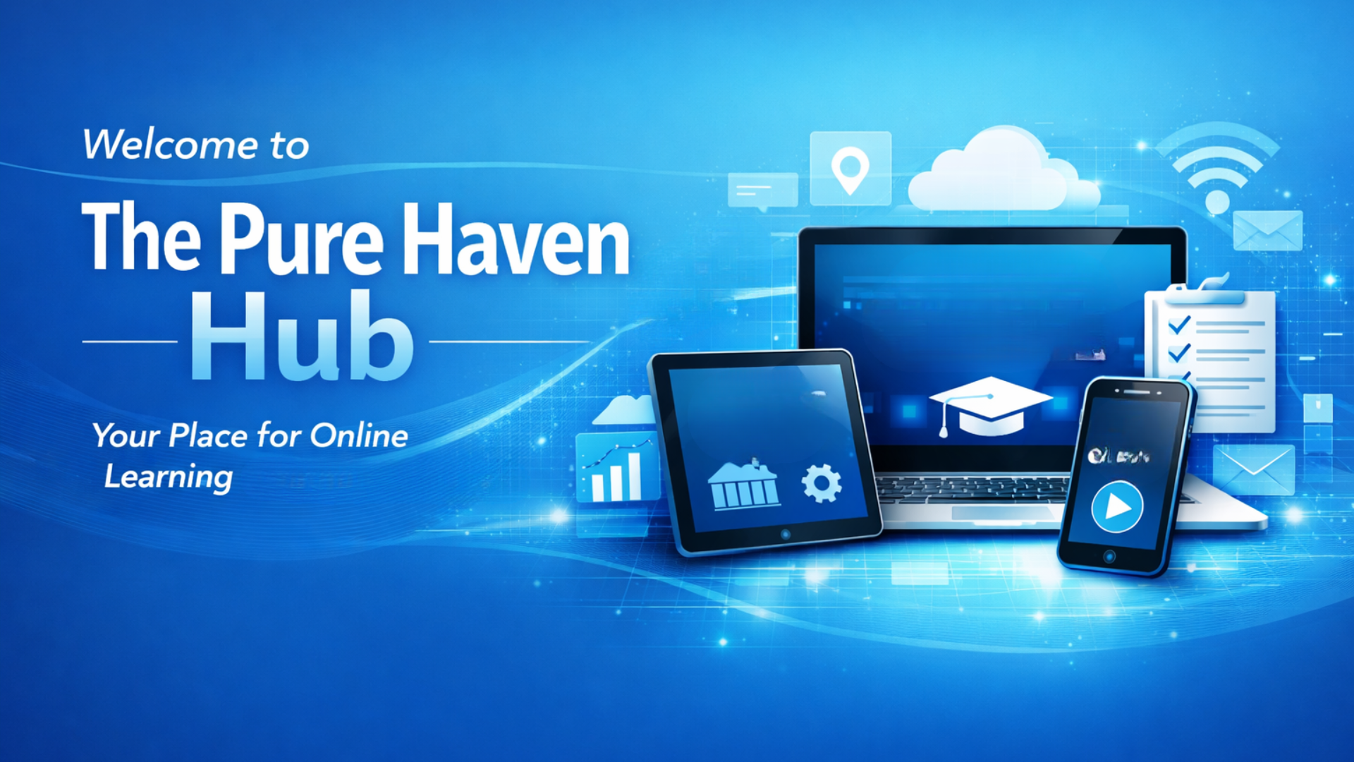 Blue digital banner showing The Pure Haven Hub with laptop, tablet and phone promoting online learning and business growth.