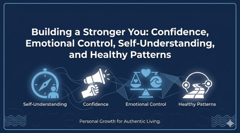 Infographic card detailing self-understanding, confidence, emotional control, and healthy patterns with a dark blue background.
