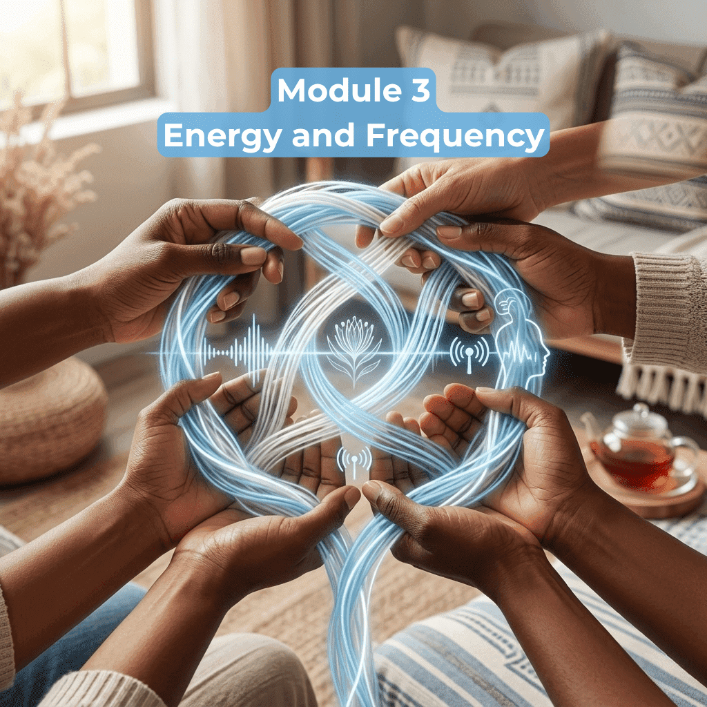 Multiple pairs of hands holding and shaping a glowing, interwoven loop of light blue and white fibers with digital icons of a soundwave, a flower, and a human profile silhouette, beneath a text overlay that reads: "Module 3 Energy and Frequency."