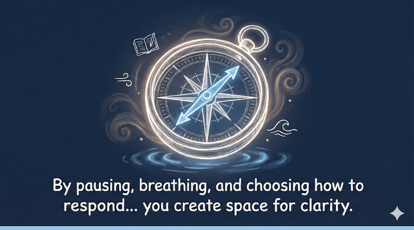 A glowing chalk-style illustration of a pocket watch style compass hovering over water ripples on a dark slate background.