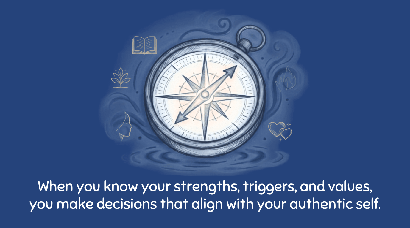 A light blue line art illustration of a navigational compass surrounded by wellness symbols and an open book, emphasizing authentic decision-making.