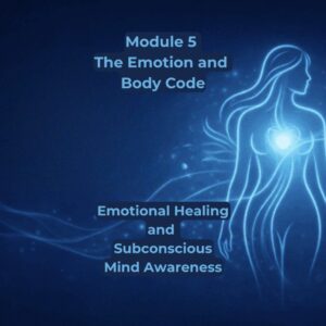 A glowing neon light blue outline of a woman's body with a luminous, radiant light centered at her heart, set against a dark blue background with abstract energy waves.